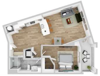 A top-down view of a modern apartment with a kitchen, living room, and bedroom.