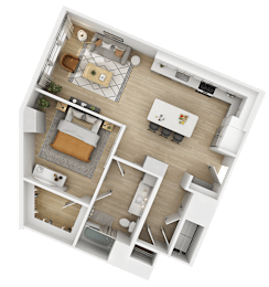 3D floor plan of one bedroom with dining area at The Yancey Apartments, Charlotte, NC
