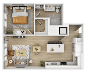 One bedroom floor plan with open living and kitchen space at The Yancey Apartments, Charlotte, North Carolina