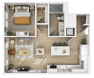 3D floor plan of two bedroom apartment with two bathrooms at The Yancey Apartments, Charlotte