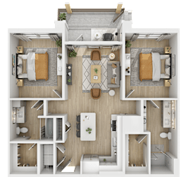3D floor plan of two bedroom two bathroom apartment at The Yancey Apartments, North Carolina