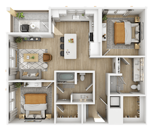 3D floor plan of two bedroom with dual bathrooms at The Yancey Apartments, North Carolina, 28217