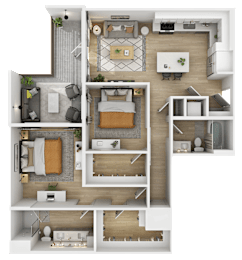 3D floor plan of two bedroom with balcony and dining at The Yancey Apartments, Charlotte, NC 28217