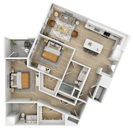3D floor plan of two bedroom apartment interior at The Yancey Apartments, Charlotte, NC