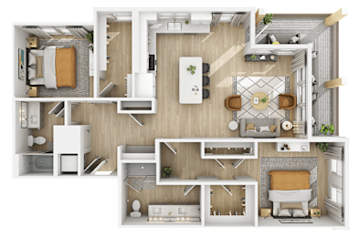 3D floor plan of 2 bedroom with walk-in closets at The Yancey Apartments, Charlotte, North Carolina