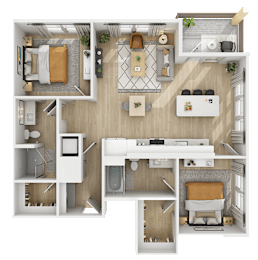 3D floor plan of two bedroom apartment layout at The Yancey Apartments, Charlotte