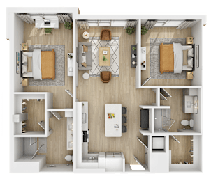 3D floor plan of two bedroom with central dining area at The Yancey Apartments, North Carolina
