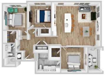 A top down view of a house layout with a kitchen, living room, bedrooms and bathrooms.