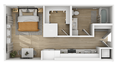 3D floor plan of studio with separate dining nook at The Yancey Apartments, Charlotte, NC 28217