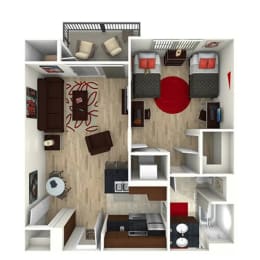a stylized floor plan with a bedroom and a living room