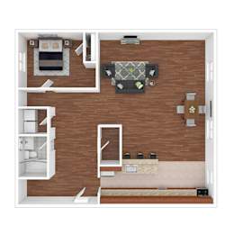 A top down view of a small apartment with a bed, a couch, a chair, and a small table.