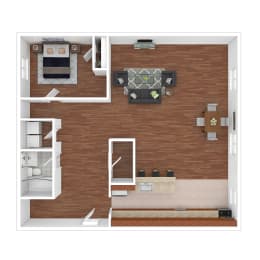 a stylized floor plan with a bedroom and a living room