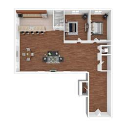 A top down view of a house interior with a kitchen, dining area, and living room.