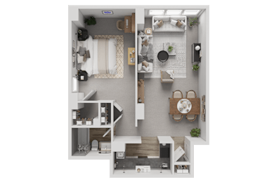 A top-down view of a small apartment with a kitchen, living room, and bedroom.