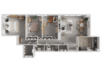 A detailed 3D floor plan of a modern apartment layout.
