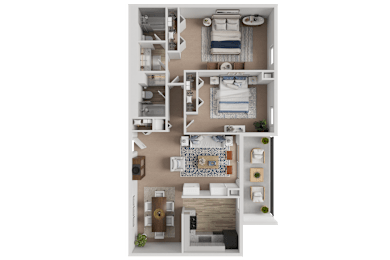 A top-down view of a house layout with a kitchen, living room, and bedrooms.