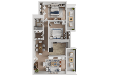 A detailed 3D floor plan of a two-story apartment.