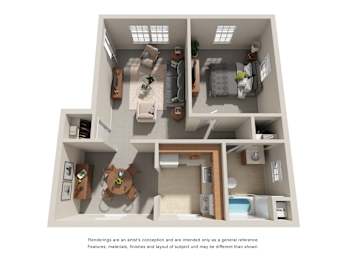 3D floor plan with one bedroom layout at Highland Ridge Apartments, Maryland, 20743