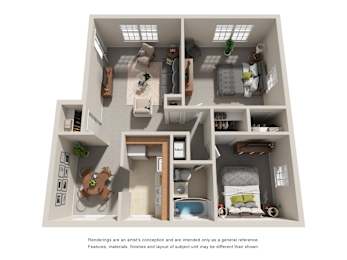 3D floor plan of two bedroom apartment layout at Highland Ridge Apartments, Capitol Heights, MD 20743