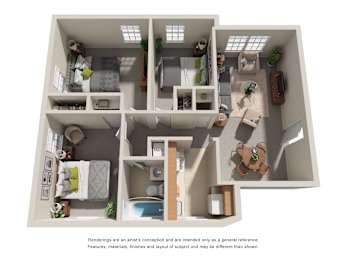 3D floor plan with three bedrooms at Highland Ridge Apartments, Capitol Heights, MD