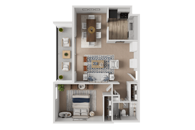 A 3D model of a house layout with a kitchen, living room, and bathroom.