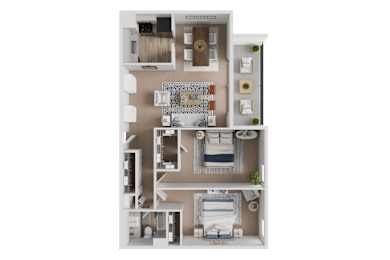 A 3D floor plan of a house with a living room, kitchen, and two bedrooms.