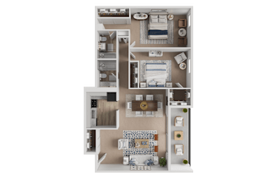A detailed 3D floor plan of a house showing the layout of the rooms.
