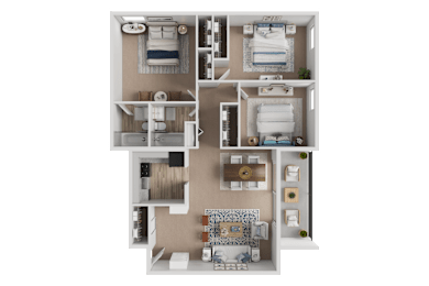 A 3D floor plan of a house with multiple rooms and furniture.