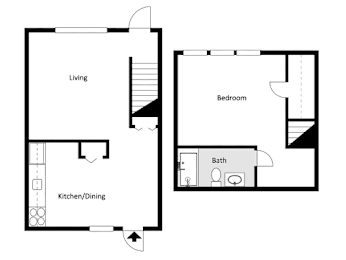 A black and white image of a floor plan for a home with a living room, kitchen/dining area, and bedroom.