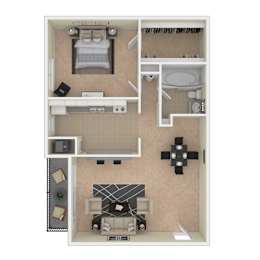 A top-down view of a small apartment with a bedroom, living room, and kitchen.