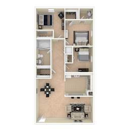 A floor plan of a house with a kitchen, living room, and two bedrooms.