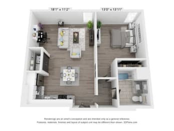 a floor plan with a bedroom and a living room at The James On Merrimac, Williamsburg Virginia