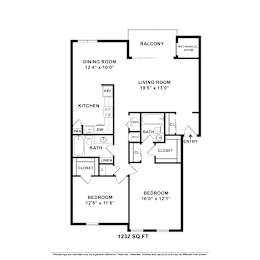 A floor plan of a 1232 square foot home with a living room, dining room, kitchen, two bedrooms, and a balcony.