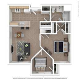 A floor plan of a house with a kitchen, living room, and bathroom.