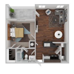 a rendering of the 1st floor of a 1 bedroom apartment at Century HomePlace, Alabama