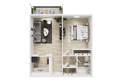 A top-down view of a small, well-organized apartment with a kitchen, living room, and bathroom.