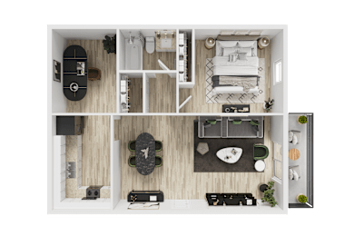 A top-down view of a small apartment with a kitchen, living room, and bedroom.