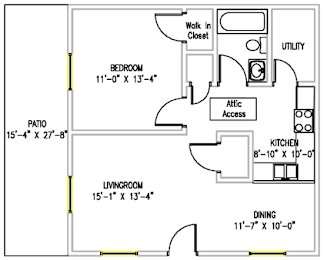 A floor plan of a house with a bedroom, living room, kitchen, dining room, and patio.