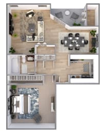 bedroom floor plan an in 3d  at 555 Mansell, Roswell