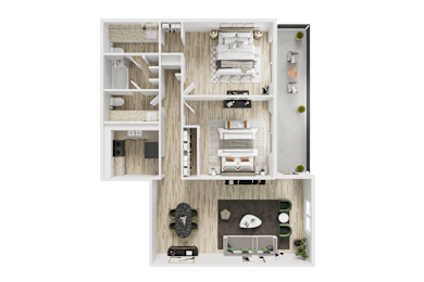 A detailed floor plan of a modern apartment with a living room, kitchen, and two bedrooms.