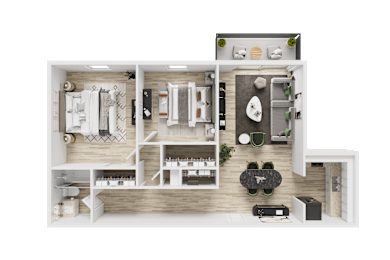 A detailed 3D floor plan of a modern apartment layout.