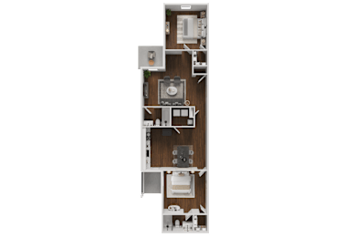 A floor plan of a house with a kitchen, living room, and two bedrooms.
