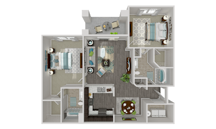 A 3D floor plan of a house with a kitchen, living room, and bathroom.