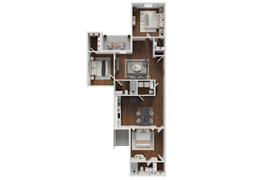 A floor plan of a house with a kitchen, living room, and two bedrooms.