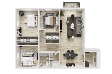A top-down view of a house layout with a living room, dining area, kitchen, and bedrooms.