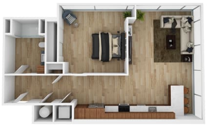 a 1 bedroom floor plan with a bathroom and a living room at The 600 Apartments, Birmingham, AL