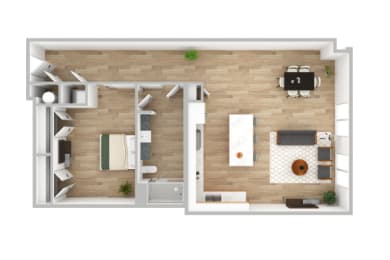 a stylized floor plan of a bedroom with a bathroom and a living room at The 600 Apartments, Birmingham