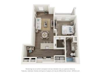 A 3D floor plan of a small apartment with a kitchen, living room, and bedroom.