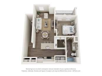 A 3D floor plan of a small apartment with a kitchen, living room, and bedroom.
