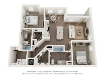 A 3D floor plan of a house with a kitchen, living room, and bedrooms.